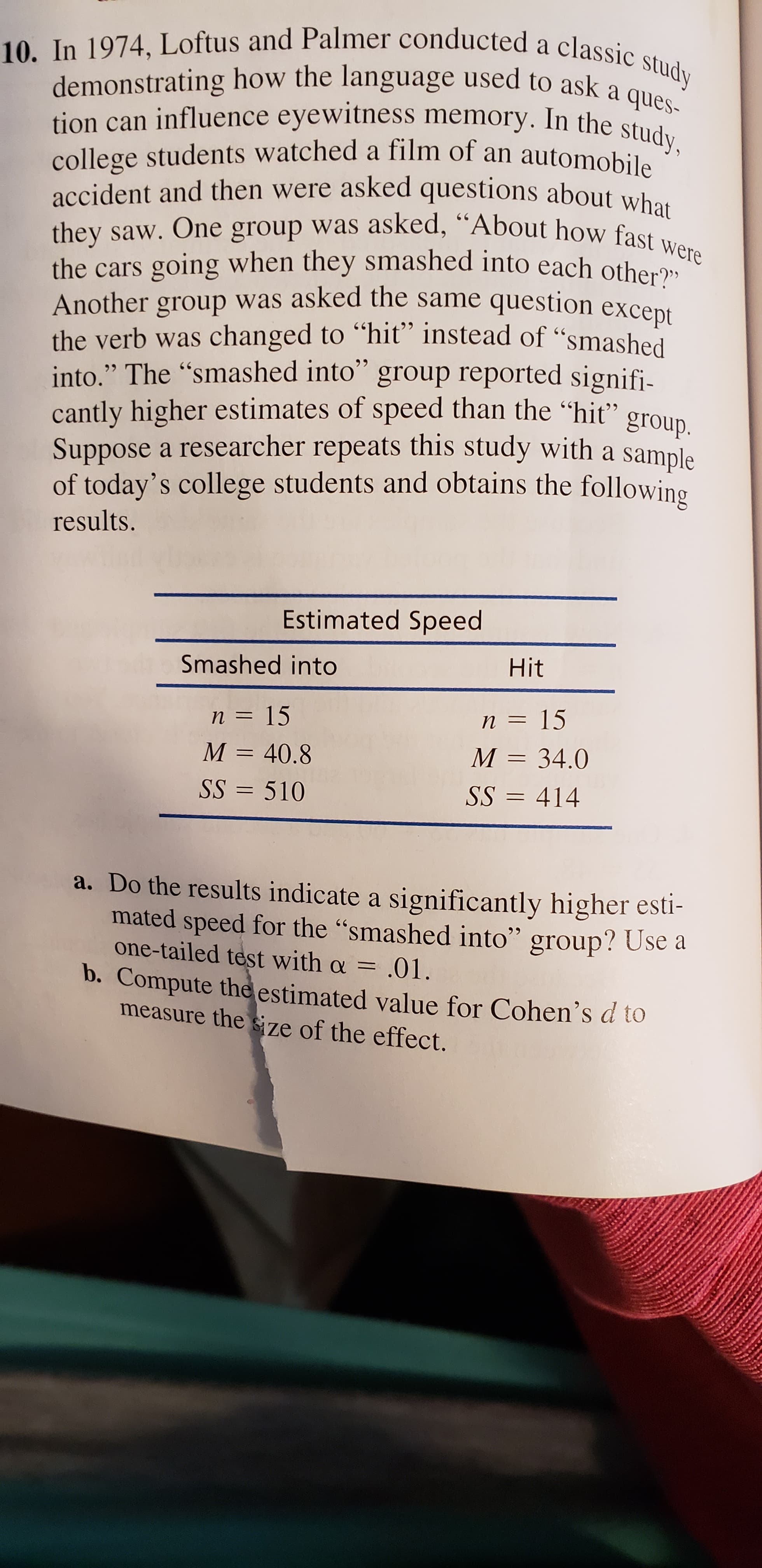 10. In 1974, Loftus and Palmer conducted a classic study
demonstrating how the language used to ask a que
tion can influence eyewitness memory. In the stu
college students watched a film of an automobile
accident and then were asked questions about what
they saw. One group was asked, "About how fast were
the cars going when they smashed into each other?"|
Another group was asked the same question excent
the verb was changed to "hitť" instead of "smashed
into." The "smashed into" group reported signifi-
cantly higher estimates of speed than the "hit'" group.
Suppose a researcher repeats this study with a sample
of today's college students and obtains the following
results.
Estimated Speed
Smashed into
Hit
n = 15
15
%3D
M = 40.8
M = 34.0
SS = 510
SS = 414
%3D
a. Do the results indicate a significantly higher esti-
mated speed for the "smashed into" group? Use
one-tailed test with a = .01.
b. Compute the estimated value for Cohen's d to
measure the size of the effect.
%3D
