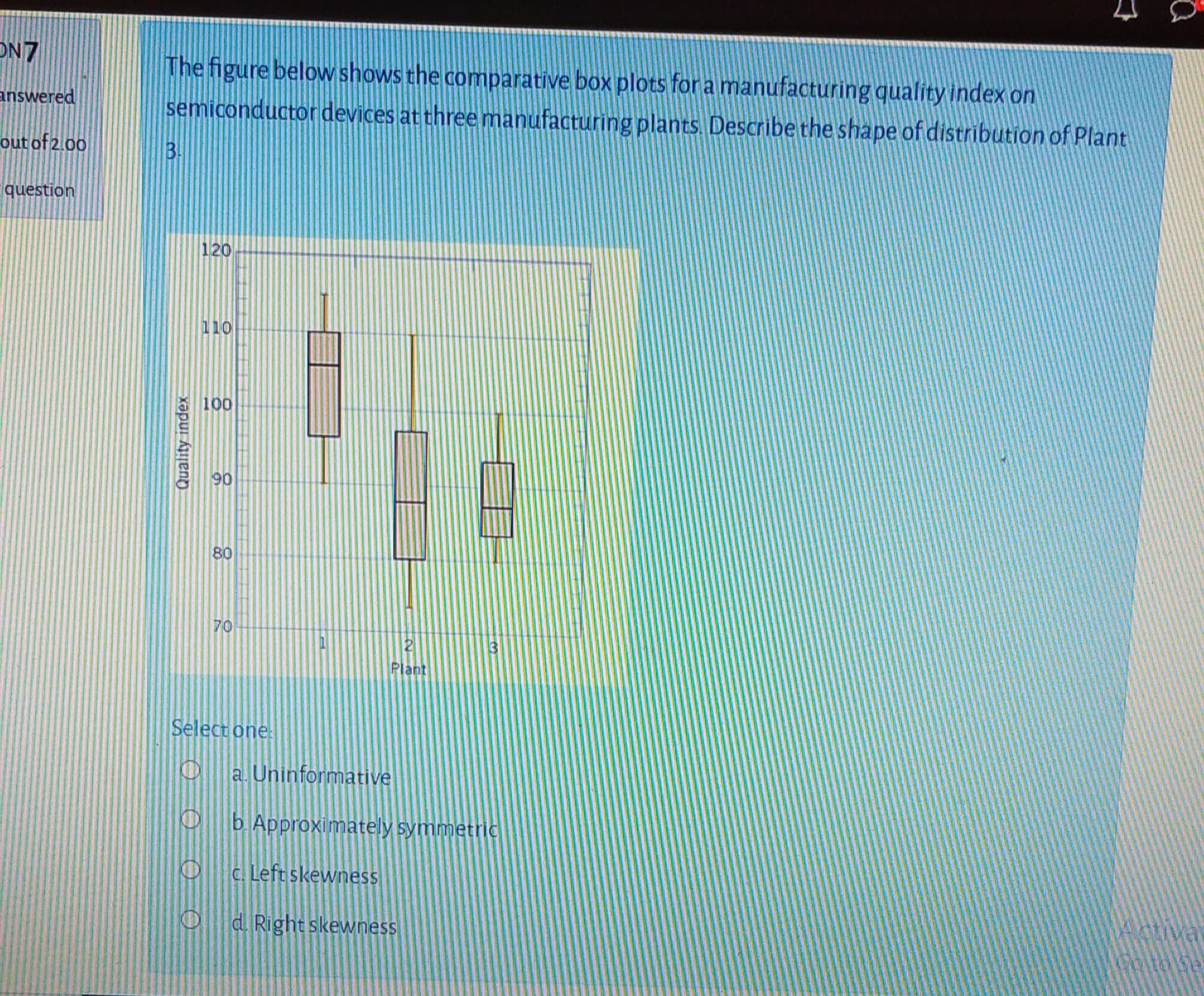 The figure below shows the comparative box plots for a manufacturing quality index on
semiconductor devices at three manufacturing plants. Describe the shape of distribution of Plant
3.
120
110
100
90
80
Quality index
