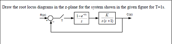 Draw the root locus diagrams in the z-plane for the system shown in the given figure for T=1s.
R(z)
1-e
K
C(2)
s(s +1)
