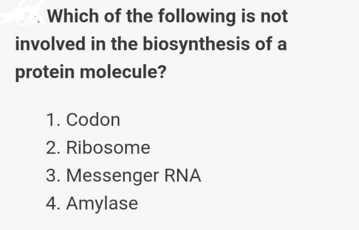 Which of the following is not
involved in the biosynthesis of a
protein molecule?
1. Codon
2. Ribosome
3. Messenger RNA
4. Amylase
