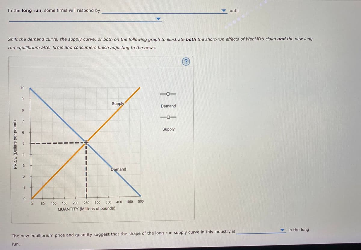 In the long run, some firms will respond by
until
Shift the demand curve, the supply curve, or both on the following graph to illustrate both the short-run effects of WebMD's claim and the new long-
run equilibrium after firms and consumers finish adjusting to the news.
10
Supply
Demand
8.
7
Supply
Demand
1
50
100
150
200
250
300
350
400
450
500
QUANTITY (Millions of pounds)
in the long
The new equilibrium price and quantity suggest that the shape of the long-run supply curve in this industry is
run.
PRICE (Dollars per pound)
