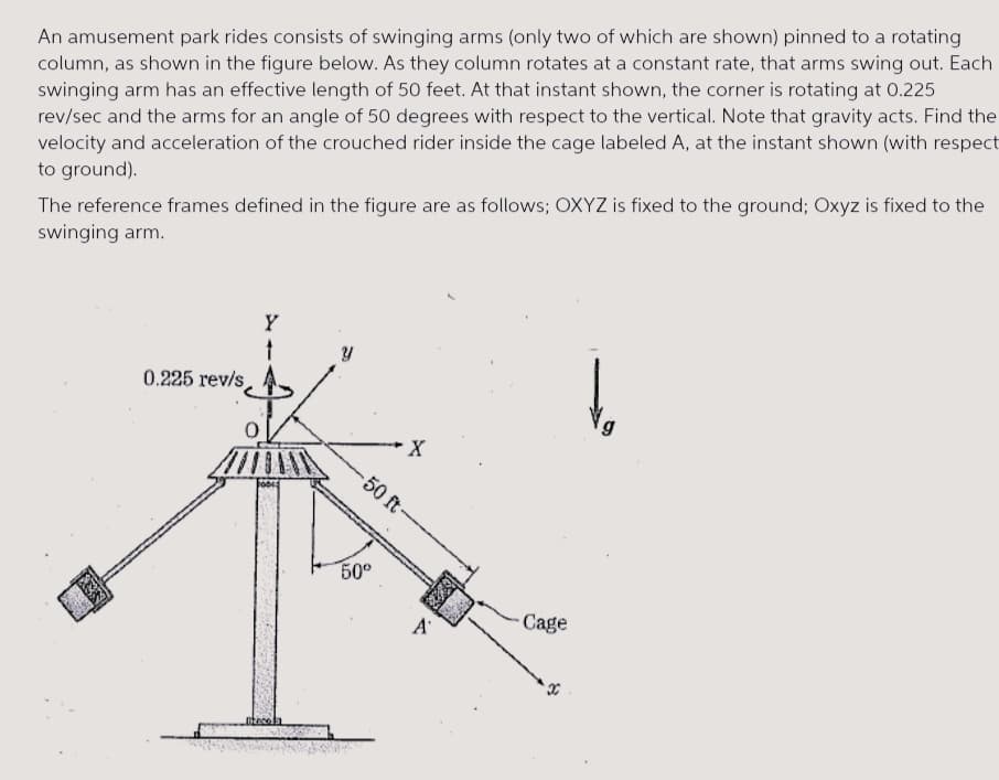 An amusement park rides consists of swinging arms (only two of which are shown) pinned to a rotating
column, as shown in the figure below. As they column rotates at a constant rate, that arms swing out. Each
swinging arm has an effective length of 50 feet. At that instant shown, the corner is rotating at 0.225
rev/sec and the arms for an angle of 50 degrees with respect to the vertical. Note that gravity acts. Find the
velocity and acceleration of the crouched rider inside the cage labeled A, at the instant shown (with respect
to ground).
The reference frames defined in the figure are as follows; OXYZ is fixed to the ground; Oxyz is fixed to the
swinging arm.
Y
0.225 rev/s
X
- 50 ft -
50°
Cage
A'
