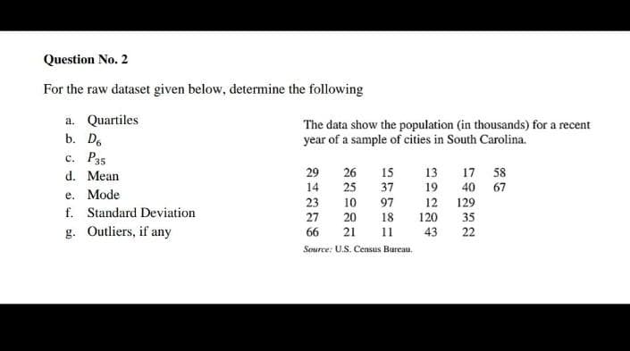 Question No. 2
For the raw dataset given below, determine the following
a. Quartiles
The data show the population (in thousands) for a recent
year of a sample of cities in South Carolina.
b. D.
c. P35
17 58
40
67
d. Mean
29
26
15
13
14
25
37
19
e. Mode
f. Standard Deviation
g. Outliers, if any
23
97
12
120
10
129
27
20
18
35
66
21
11
43
22
Source: U.S. Census Bureau,
