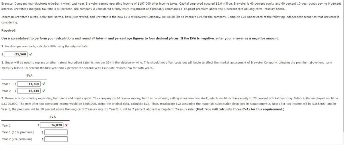 Brewster Company manufactures elderberry wine. Last year, Brewster earned operating income of $187,000 after income taxes. Capital employed equaled $2.6 million. Brewster is 40 percent equity and 60 percent 10-year bonds paying 6 percent
interest. Brewster's marginal tax rate is 40 percent. The company is considered a fairly risky investment and probably commands a 12-point premium above the 4 percent rate on long-term Treasury bonds.
Jonathan Brewster's aunts, Abby and Martha, have just retired, and Brewster is the new CEO of Brewster Company. He would like to improve EVA for the company. Compute EVA under each of the following independent scenarios that Brewster is
considering.
Required:
spreadsheet to perform your calculations and round all interim and percentage figures to four decimal places. If the EVA is negative, enter your answer as a negative amount.
1. No changes are made; calculate EVA using the original data.
-35,560 ✔
2. Sugar will be used to replace another natural ingredient (atomic number 33) in the elderberry wine. This should not affect costs but will begin to affect the market assessment of Brewster Company, bringing the premium above long-term
Treasury bills to 10 percent the first year and 7 percent the second year. Calculate revised EVA for both years.
Use
$
Year 1
$
Year 2 $
EVA
-14,760 ✓
16,440 ✔
3. Brewster is considering expanding but needs additional capital. The company could borrow money, but it is considering selling more common stock, which would increase equity to 70 percent of total financing. Total capital employed would be
$3,700,000. The new after-tax operating income would be $385,000. Using the original data, calculate EVA. Then, recalculate EVA assuming the materials substitution described in Requirement 2. New after-tax income will be $385,000, and in
Year 1, the premium will be 10 percent above the long-term Treasury rate. In Year 2, it will be 7 percent above the long-term Treasury rate. (Hint: You will calculate three EVAs for this requirement.)
Year 1
Year 1 (10% premium)
Year 2 (7% premium)
$
$
$
EVA
76,020 X