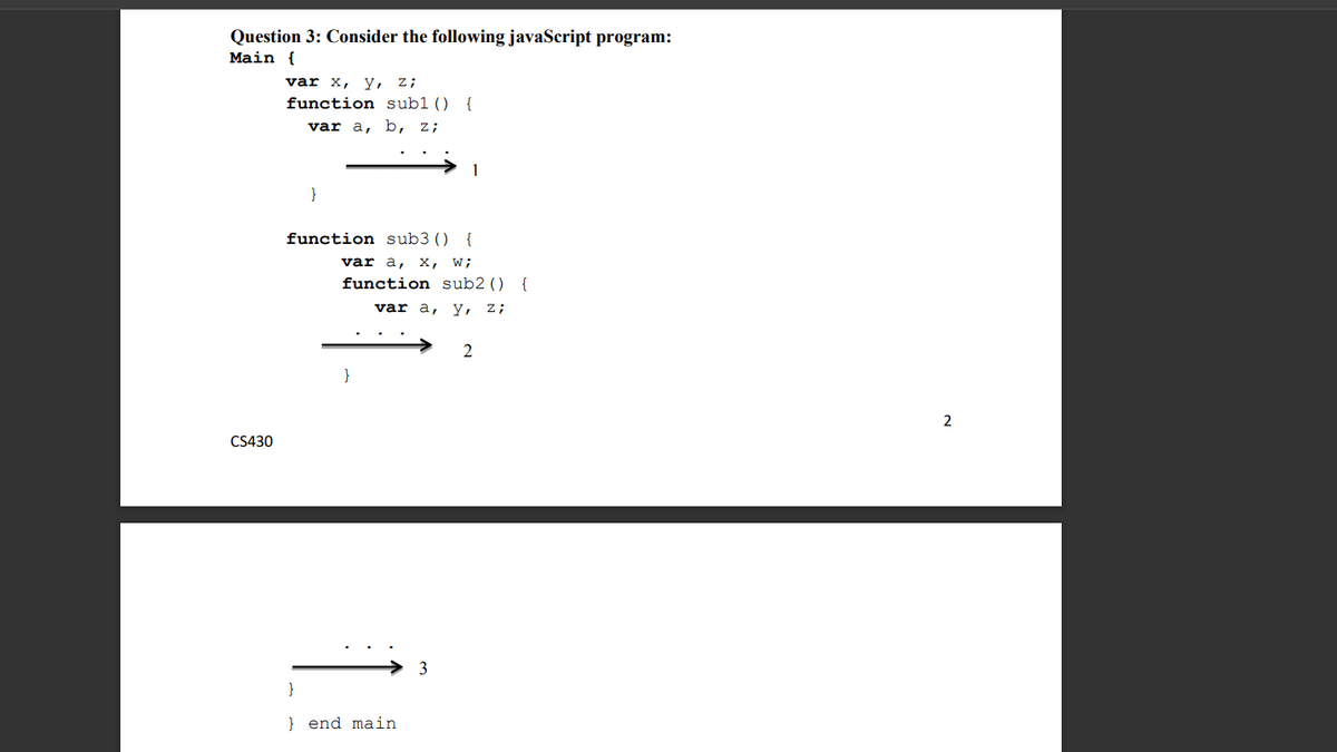 Question 3: Consider the following javaScript program:
Main {
var x, y, z;
function subl() {
var a, b, z;
1
}
function sub3() {
var a, x, w;
function sub2() {
var a, у, z;
2
}
2
CS430
3
}
} end main
