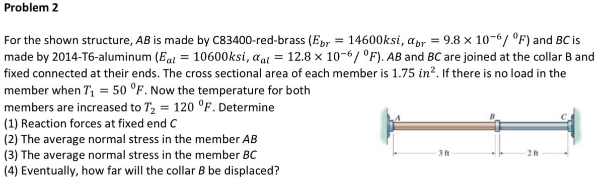 Problem 2
14600ksi, apr
For the shown structure, AB is made by C83400-red-brass (Ebr
9.8 × 10-6/ °F) and BC is
made by 2014-T6-aluminum (Eal 10600ksi, a al = 12.8 × 10-6/°F). AB and BC are joined at the collar B and
fixed connected at their ends. The cross sectional area of each member is 1.75 in². If there is no load in the
=
member when T₁ 50 °F. Now the temperature for both
members are increased to T₂ = 120 °F. Determine
(1) Reaction forces at fixed end C
(2) The average normal stress in the member AB
(3) The average normal stress in the member BC
(4) Eventually, how far will the collar B be displaced?
=
=
3 ft
2 ft