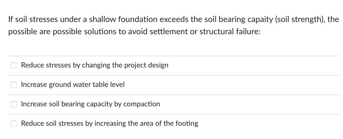 If soil stresses under a shallow foundation exceeds the soil bearing capaity (soil strength), the
possible are possible solutions to avoid settlement or structural failure:
0000
Reduce stresses by changing the project design
Increase ground water table level
Increase soil bearing capacity by compaction
Reduce soil stresses by increasing the area of the footing