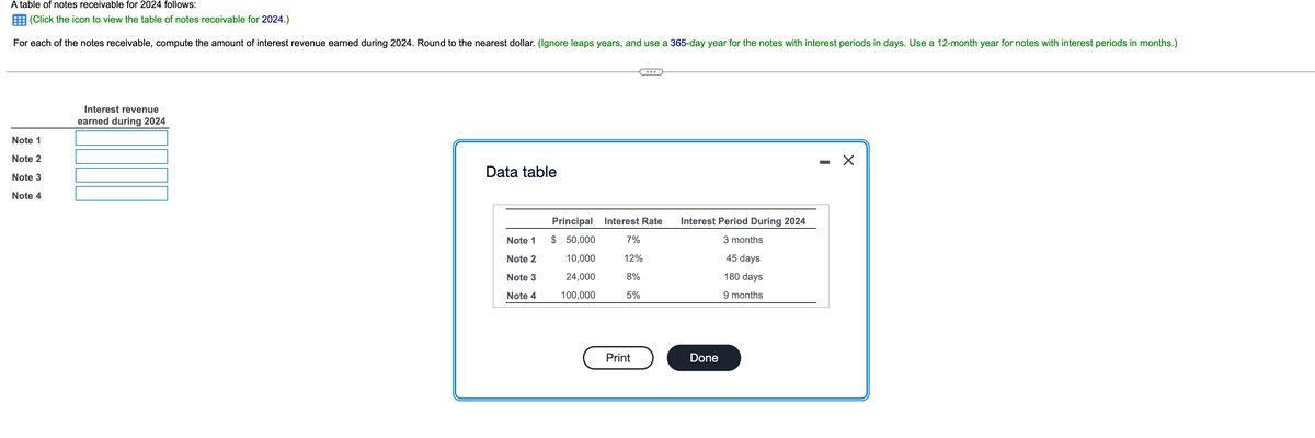 A table of notes receivable for 2024 follows:
(Click the icon to view the table of notes receivable for 2024.)
For each of the notes receivable, compute the amount of interest revenue earned during 2024. Round to the nearest dollar. (Ignore leaps years, and use a 365-day year for the notes with interest periods in days. Use a 12-month year for notes with interest periods in months.)
Note 1
Note 2
Note 3
Note 4
Interest revenue
earned during 2024
Data table
Note 1
Note 2
Note 3
Note 4
Principal
$ 50,000
10,000
24,000
100,000
Interest Rate
7%
12%
8%
5%
Print
Interest Period During 2024
3 months
45 days
180 days
9 months
Done
X