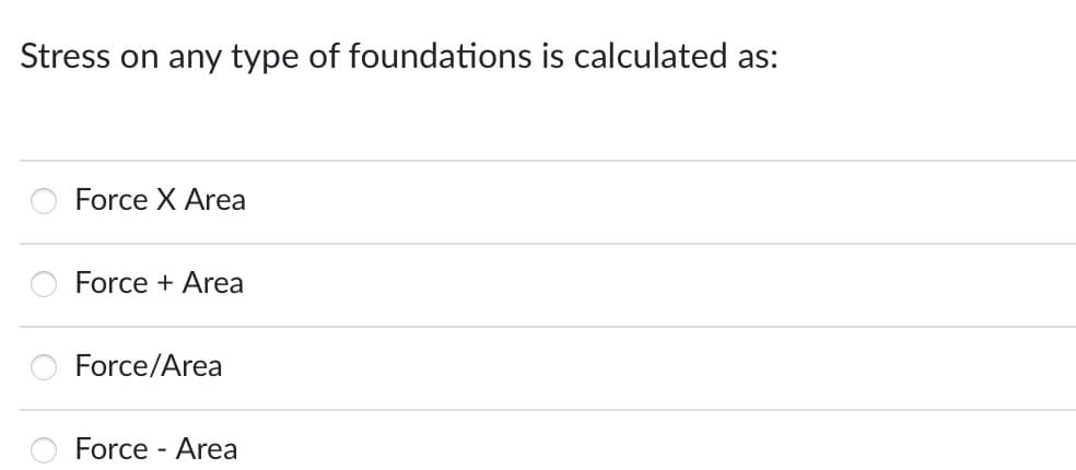 Stress on any type of foundations is calculated as:
Force X Area
Force + Area
Force/Area
Force - Area