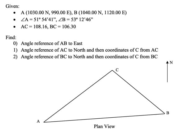 Given:
●
•
Find:
A (1030.00 N, 990.00 E), B (1040.00 N, 1120.00 E)
ZA = 51° 54'41", ZB = 53° 12'46"
AC= 108.16, BC = 106.30
0) Angle reference of AB to East
1) Angle reference of AC to North and then coordinates of C from AC
2) Angle reference of BC to North and then coordinates of C from BC
A
Plan View
N
B