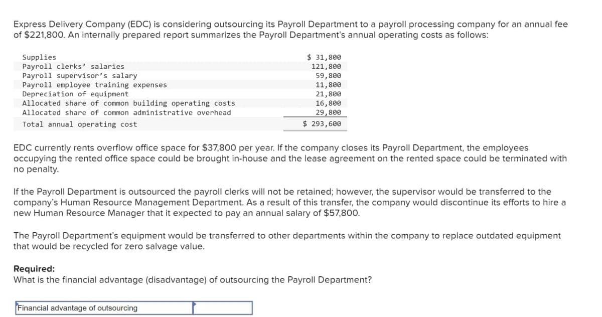 Express Delivery Company (EDC) is considering outsourcing its Payroll Department to a payroll processing company for an annual fee
of $221,800. An internally prepared report summarizes the Payroll Department's annual operating costs as follows:
Supplies
Payroll clerks' salaries
Payroll supervisor's salary
Payroll employee training expenses
Depreciation of equipment
Allocated share of common building operating costs
Allocated share of common administrative overhead
Total annual operating cost
$ 31,800
121,800
59,800
11,800
21,800
16,800
29,800
$ 293,600
EDC currently rents overflow office space for $37,800 per year. If the company closes its Payroll Department, the employees
occupying the rented office space could be brought in-house and the lease agreement on the rented space could be terminated with
no penalty.
If the Payroll Department is outsourced the payroll clerks will not be retained; however, the supervisor would be transferred to the
company's Human Resource Management Department. As a result of this transfer, the company would discontinue its efforts to hire a
new Human Resource Manager that it expected to pay an annual salary of $57,800.
The Payroll Department's equipment would be transferred to other departments within the company to replace outdated equipment
that would be recycled for zero salvage value.
Required:
What is the financial advantage (disadvantage) of outsourcing the Payroll Department?
Financial advantage of outsourcing