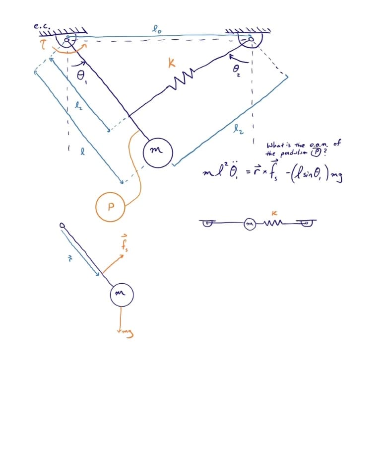 e.c.
T
7
Ө
P
14"
m
kmg
lo
m
k
Vo
1
What is the e.o.1
the pendulum P:
ml³² Ö₁ = xf₂ -(l sin0₁) mg
(m)
K