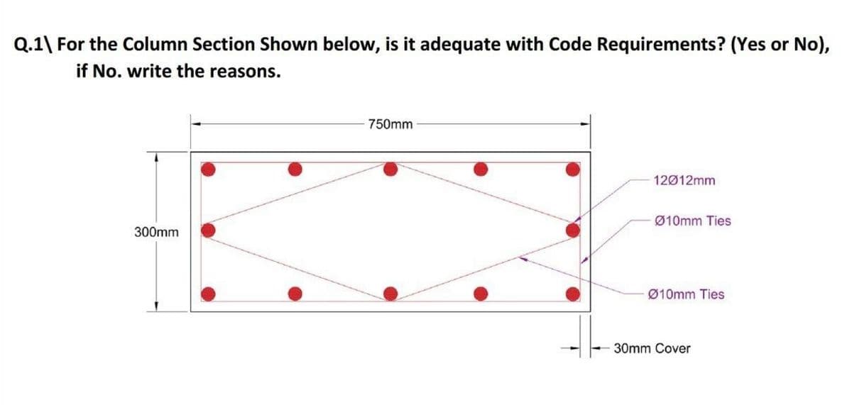 Q.1\ For the Column Section Shown below, is it adequate with Code Requirements? (Yes or No),
if No. write the reasons.
750mm
12012mm
Ø10mm Ties
300mm
Ø10mm Ties
30mm Cover
