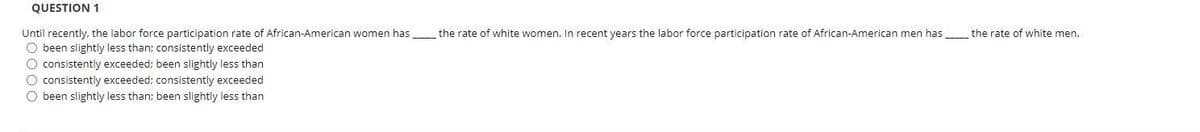 QUESTION 1
Until recently, the labor force participation rate of African-American women has________ the rate of white women. In recent years the labor force participation rate of African-American men has________ the rate of white men.
O been slightly less than; consistently exceeded
O consistently exceeded; been slightly less than
O consistently exceeded; consistently exceeded
O been slightly less than; been slightly less than