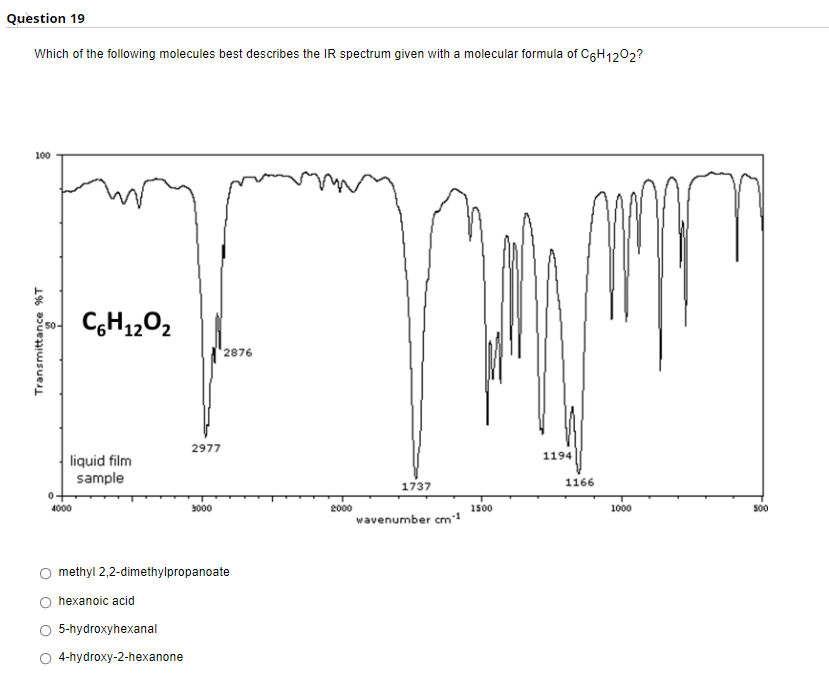 Question 19
Which of the following molecules best describes the IR spectrum given with a molecular formula of C6H1202?
100
C,H1202
'2876
2977
1194
liquid film
sample
1737
1166
1500
wavenumber cm
4000
3000
2000
1000
s0
methyl 2,2-dimethylpropanoate
hexanoic acid
5-hydroxyhexanal
4-hydroxy-2-hexanone
Transmittance %T
