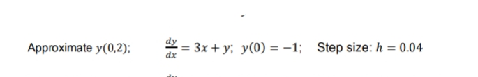 Approximate y(0,2);
2 = 3x + y; y(0) = –1; Step size: h = 0.04
dx

