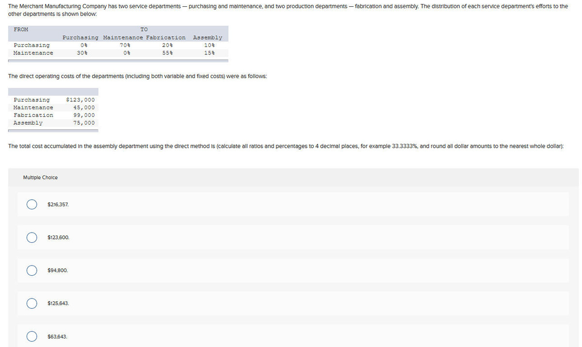 The Merchant Manufacturing Company has two service departments - purchasing and maintenance, and two production departments - fabrication and assembly. The distribution of each service department's efforts to the
other departments is shown below:
FROM
Purchasing
Maintenance
Purchasing
Maintenance
Fabrication
Assembly
Multiple Choice
The direct operating costs of the departments (including both variable and fixed costs) were as follows:
O
O
O
Purchasing Maintenance Fabrication
70 %
20 %
55 %
The total cost accumulated in the assembly department using the direct method is (calculate all ratlos and percentages to 4 decimal places, for example 33.3333%, and round all dollar amounts to the nearest whole dollar):
O
$123,000
45,000
99,000
75,000
$216,357.
$123,600.
30 %
$94,800.
TO
$125,643.
$63,643.
Assembly
10 %
15 %