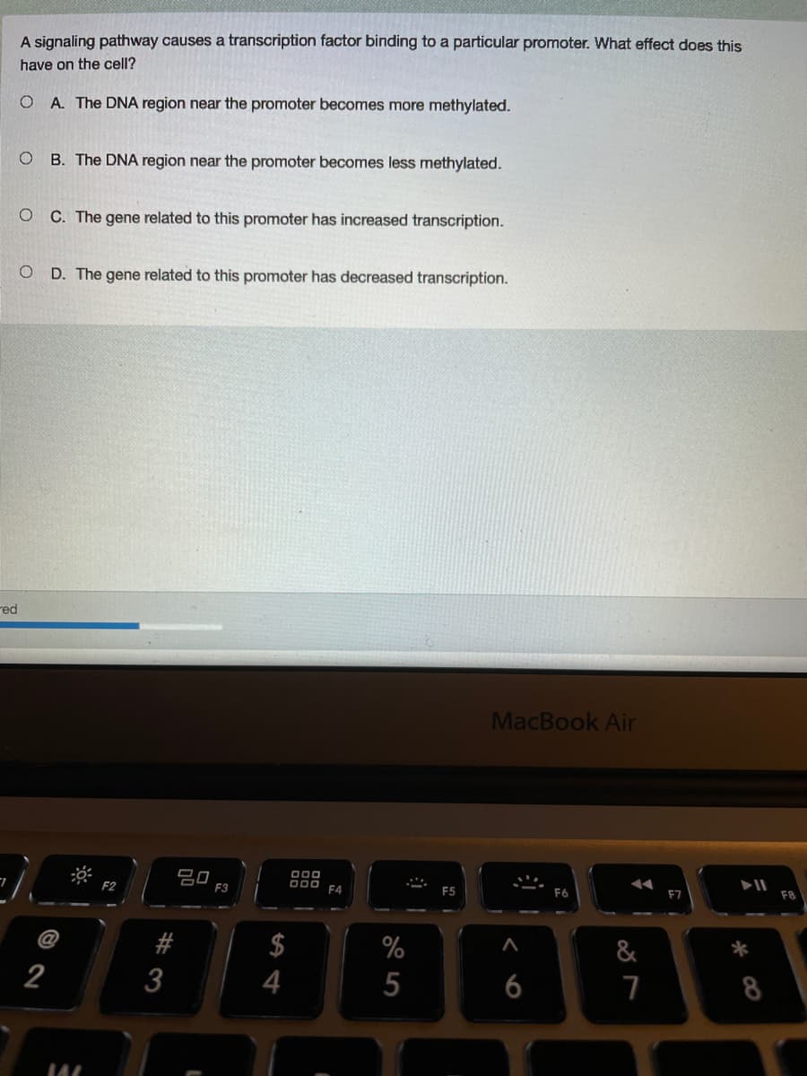 A signaling pathway causes a transcription factor binding to a particular promoter. What effect does this
have on the cell?
O A. The DNA region near the promoter becomes more methylated.
O B. The DNA region near the promoter becomes less methylated.
O C. The gene related to this promoter has increased transcription.
D. The gene related to this promoter has decreased transcription.
red
MacBook Air
吕口
F3
D00
F4
F6
F7
F8
88
#
$
%
&
*
2
3
4
6
7
8
