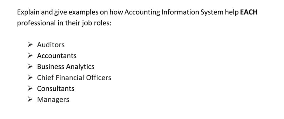 Explain and give examples on how Accounting Information System help EACH
professional in their job roles:
➤ Auditors
Accountants
Business Analytics
Chief Financial Officers
Consultants
Managers