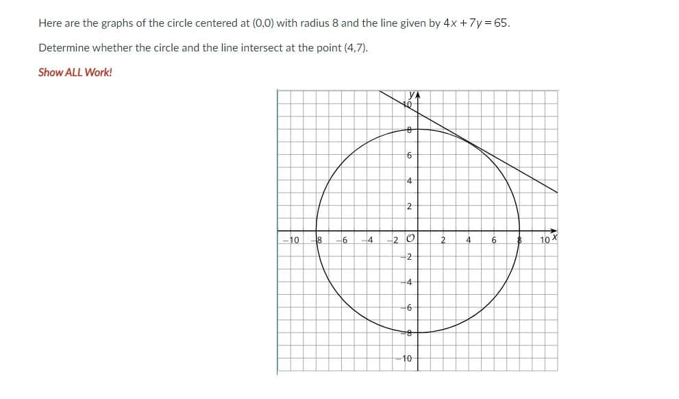 Here are the graphs of the circle centered at (0,0) with radius 8 and the line given by 4x +7y= 65.
Determine whether the circle and the line intersect at the point (4,7).
Show ALL Work!
2
-10
18
-6
4
2
4
6
10
-2
10
