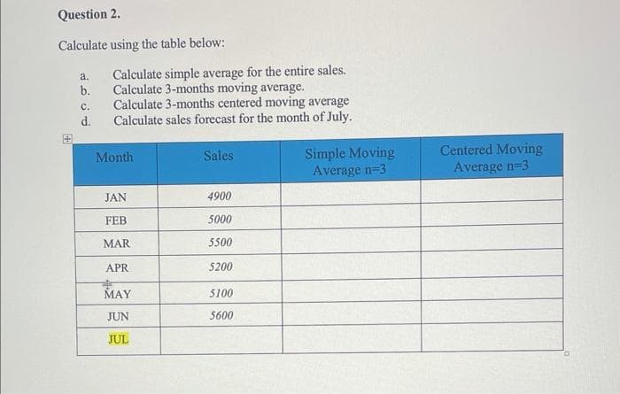 Question 2.
Calculate using the table below:
+
a.
b.
C.
d.
Calculate simple average for the entire sales.
Calculate 3-months moving average.
Calculate 3-months centered moving average
Calculate sales forecast for the month of July.
Month
JAN
FEB
MAR
APR
MAY
JUN
JUL
Sales
4900
5000
5500
5200
5100
5600
Simple Moving
Average n=3
Centered Moving
Average n=3