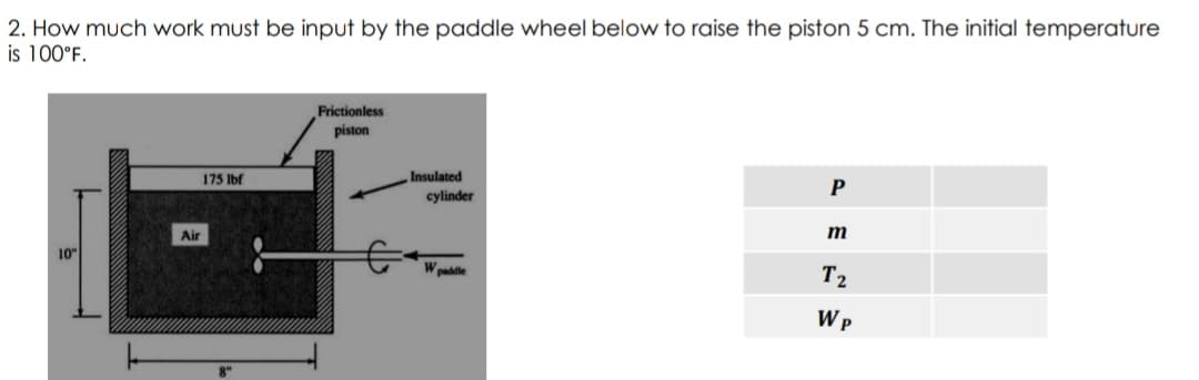 2. How much work must be input by the paddle wheel below to raise the piston 5 cm. The initial temperature
is 100°F.
Frictionless
piston
Insulated
cylinder
175 lbf
P
Air
m
10"
W padle
T2
W p
