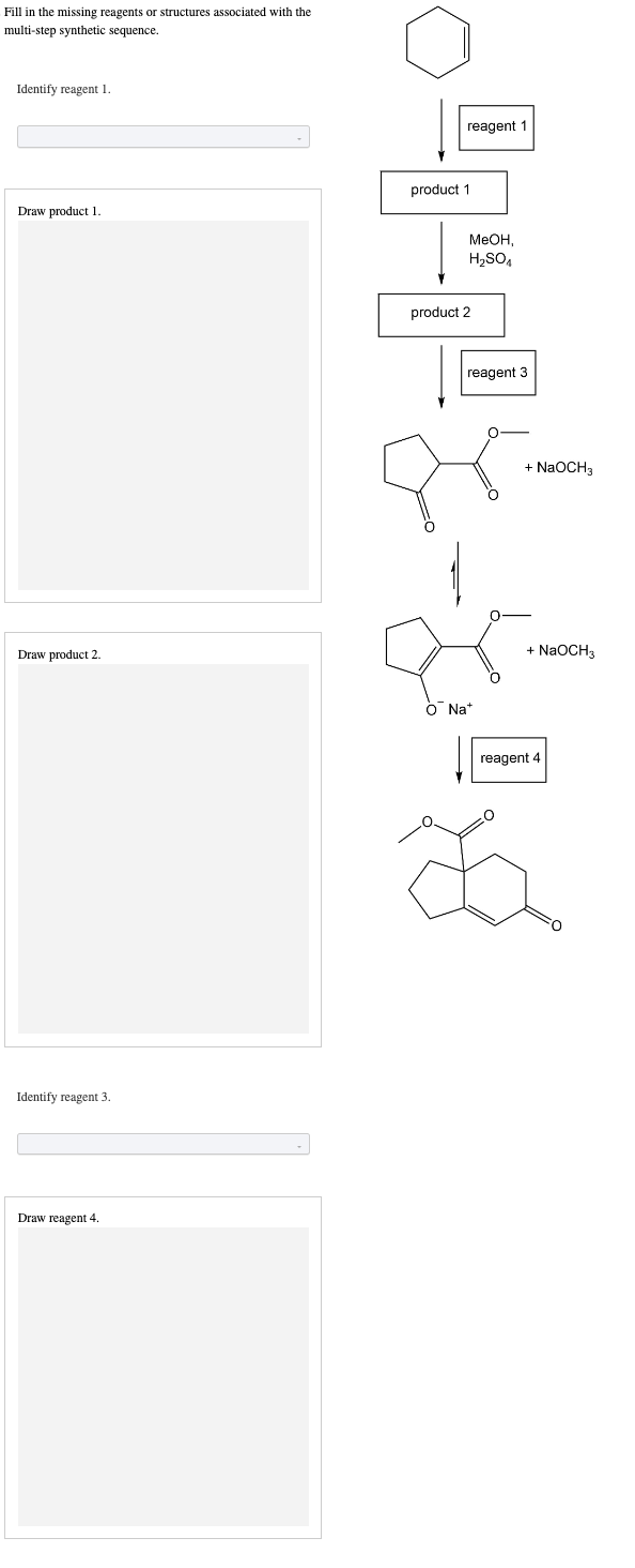 Fill in the missing reagents or structures associated with the
multi-step synthetic sequence.
Identify reagent 1.
Draw product 1.
Draw product 2.
Identify reagent 3.
Draw reagent 4.
reagent 1
product 1
product 2
MeOH,
H₂SO4
reagent 3
O Na*
+ NaOCH3
+ NaOCH3
reagent 4