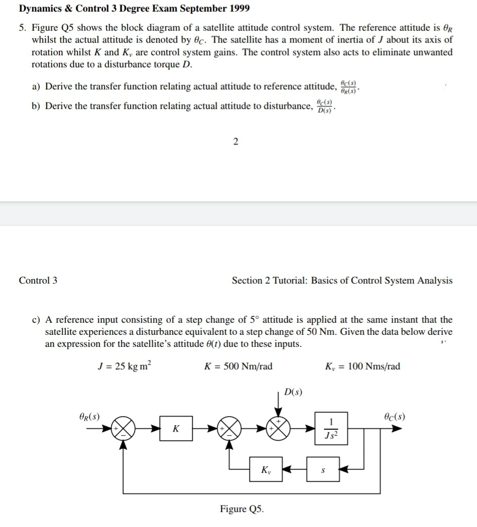 Dynamics & Control 3 Degree Exam September 1999
5. Figure Q5 shows the block diagram of a satellite attitude control system. The reference attitude is Or
whilst the actual attitude is denoted by Oc. The satellite has a moment of inertia of J about its axis of
rotation whilst K and K, are control system gains. The control system also acts to eliminate unwanted
rotations due to a disturbance torque D.
a) Derive the transfer function relating actual attitude to reference attitude,
Og(s)*
b) Derive the transfer function relating actual attitude to disturbance, c
D(s)
Control 3
Section 2 Tutorial: Basics of Control System Analysis
c) A reference input consisting of a step change of 5° attitude is applied at the same instant that the
satellite experiences a disturbance equivalent to a step change of 50 Nm. Given the data below derive
an expression for the satellite's attitude 0(t) due to these inputs.
J = 25 kg m?
K = 500 Nm/rad
K, = 100 Nms/rad
D(s)
OR(s)
Oc(s)
K
Js?
K,
Figure Q5.
