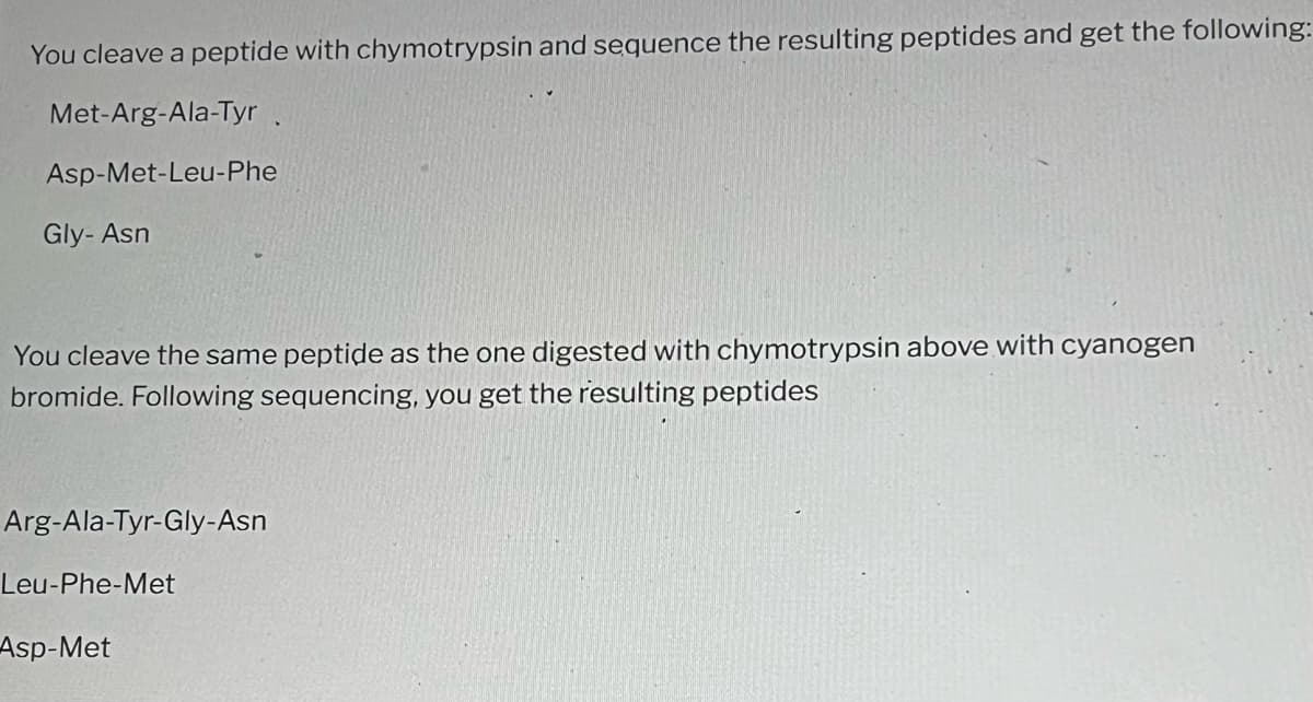 You cleave a peptide with chymotrypsin and sequence the resulting peptides and get the following:
Met-Arg-Ala-Tyr
Asp-Met-Leu-Phe
Gly-Asn
You cleave the same peptide as the one digested with chymotrypsin above with cyanogen
bromide. Following sequencing, you get the resulting peptides
Arg-Ala-Tyr-Gly-Asn
Leu-Phe-Met
Asp-Met