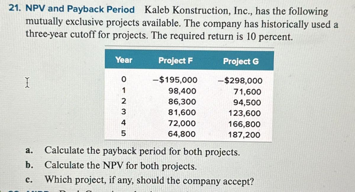 21. NPV and Payback Period Kaleb Konstruction, Inc., has the following
mutually exclusive projects available. The company has historically used a
three-year cutoff for projects. The required return is 10 percent.
Ι
Year
Project F
Project G
0
-$195,000
-$298,000
1
98,400
71,600
2345
86,300
94,500
81,600
123,600
72,000
166,800
64,800
187,200
a. Calculate the payback period for both projects.
b.
C.
Calculate the NPV for both projects.
Which project, if any, should the company accept?