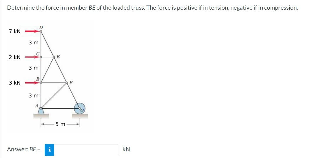 Determine the force in member BE of the loaded truss. The force is positive if in tension, negative if in compression.
7 kN
3 m
C
2 kN
E
3 m
B
3 kN
F
3 m
5 m
Answer: BE =
i
kN
