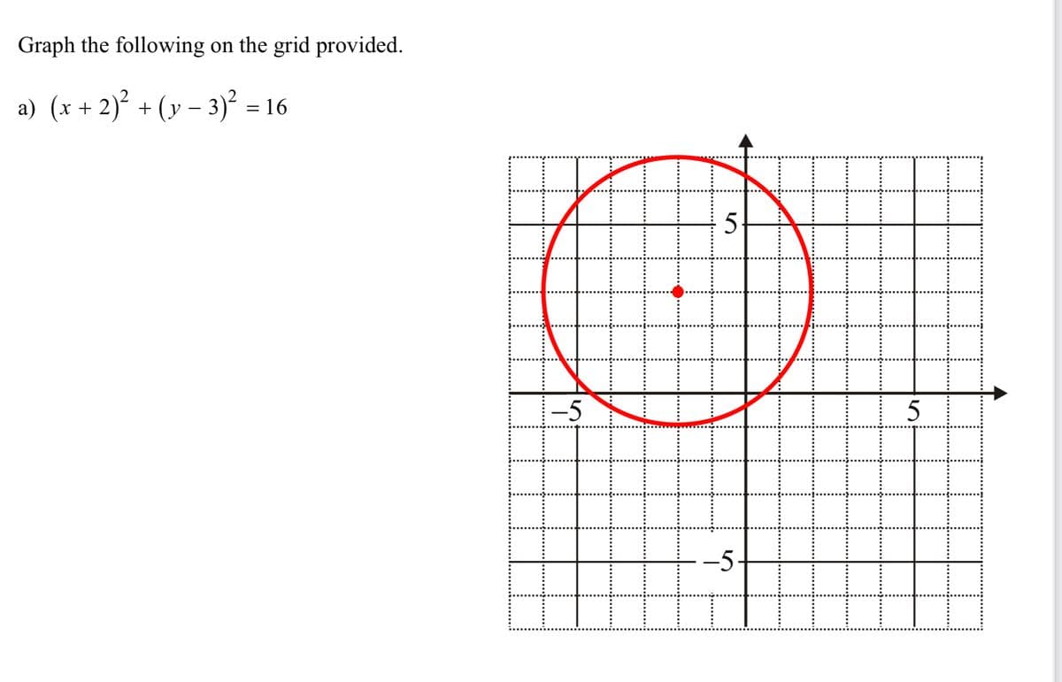 Graph the following on the grid provided.
a)
(x + 2)² + (y − 3)² =
-
16
-5
15
-5.
15