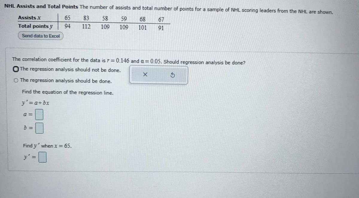 NHL Assists and Total Points The number of assists and total number of points for a sample of NHL scoring leaders from the NHL are shown.
Assists x
65
83
58
59
68
67
Total points jy
94
112
109
109
101
91
Send data to Excel
The correlation coefficient for the data is r= 0.146 and a= 0.05. Should regression analysis be done?
OThe regression analysis should not be done.
O The regression analysis should be done.
Find the equation of the regression line.
y'=a+bx
a =
b =
Find y' when x = 65.
y' =
