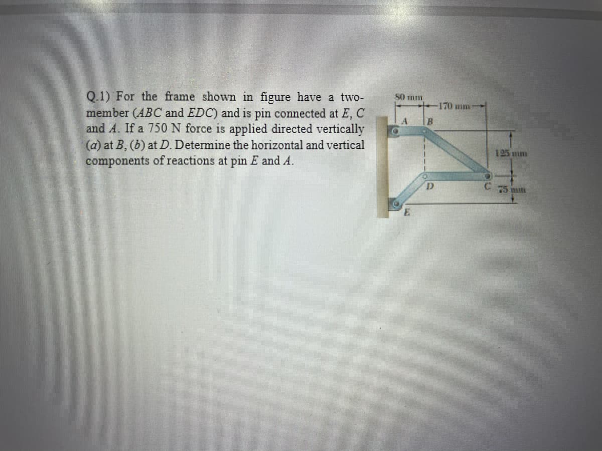 Q.1) For the frame shown in figure have a two-
member (ABOC and EDC) and is pin connected at E, C
and A. If a 750 N force is applied directed vertically
(a) at B, (b) at D. Determine the horizontal and vertical
components of reactions at pin E and A.
50 mm
170mm
125 mm
C 75 WE
