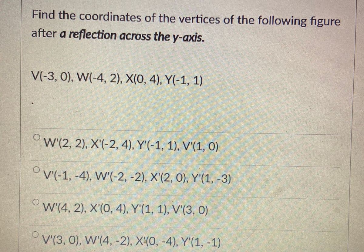 Find the coordinates of the vertices of the following figure
after a reflection across the y-axis.
V(-3, 0), W(-4, 2), X(0, 4), Y(-1, 1)
w'(2, 2), X'(-2, 4), Y'(-1, 1), V'(1, O)
V'(-1, -4), W'(-2, -2), X'(2, 0), Y'(1, -3)
W'(4, 2), X'(0, 4), Y'(1, 1), V'(3, 0)
V'(3, 0), W'(4, -2), X(0, -4), Y'(1, -1)
