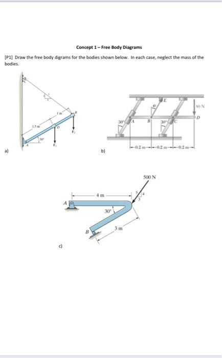 Concept 1- Free Body Diagrams
(P1) Draw the free body digrams for the bodies shown below. In each case, neglect the mass of the
bodies.
SON
02 m-02 m-02 m-
500 N
4 m
30
3 m
