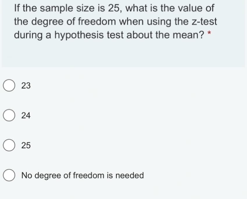 If the sample size is 25, what is the value of
the degree of freedom when using the z-test
during a hypothesis test about the mean?
23
O24
O25
O No degree of freedom is needed