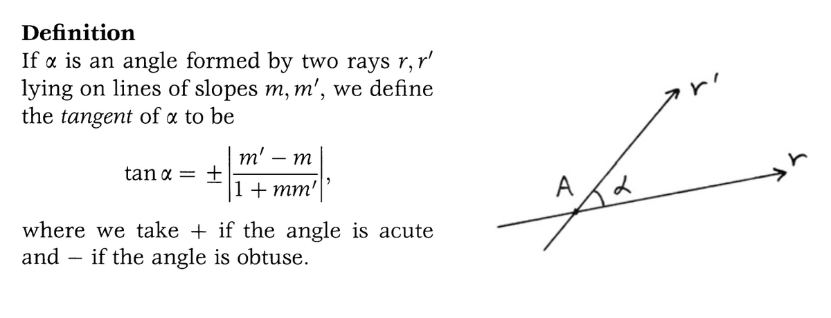 Definition
r'
If a is an angle formed by two rays r,
lying on lines of slopes m, m', we define
the tangent of a to be
tan α = +
m'
m
1 + mm'
where we take + if the angle is acute
and – if the angle is obtuse.
-
مسکڑ
A