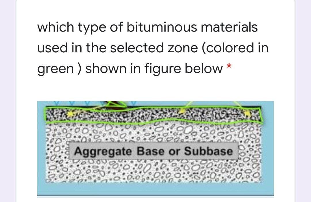 which type of bituminous materials
used in the selected zone (colored in
green ) shown in figure below *
Aggregate Base or Subbase
