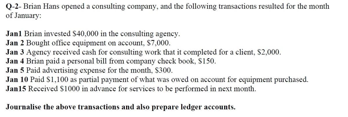 Q-2- Brian Hans opened a consulting company, and the following transactions resulted for the month
of January:
Jan1 Brian invested $40,000 in the consulting agency.
Jan 2 Bought office equipment on account, $7,000.
Jan 3 Agency received cash for consulting work that it completed for a client, $2,000.
Jan 4 Brian paid a personal bill from company check book, $150.
Jan 5 Paid advertising expense for the month, $300.
Jan 10 Paid $1,100 as partial payment of what was owed on account for equipment purchased.
Jan15 Received $1000 in advance for services to be performed in next month.
Journalise the above transactions and also prepare ledger accounts.