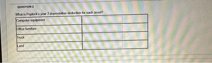 QUESTION 2
What is Poplock's year 2 depreciation deduction for each asset?
Computer equipment
Office furniture
Truck
Land