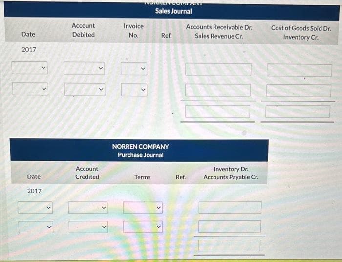 Date
2017
Date
2017
>
Account
Debited
>
Account
Credited
TORNEN CO
Invoice
No.
Terms
Sales Journal
Ref.
NORREN COMPANY
Purchase Journal
ALU
Accounts Receivable Dr.
Sales Revenue Cr.
Ref.
Inventory Dr.
Accounts Payable Cr.
Cost of Goods Sold Dr.
Inventory Cr.