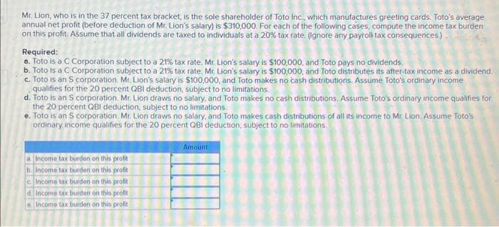 Mr. Lion, who is in the 37 percent tax bracket, is the sole shareholder of Toto Inc., which manufactures greeting cards. Toto's average
annual net profit (before deduction of Mr. Lion's salary) is $310,000. For each of the following cases, compute the income tax burden
on this profit. Assume that all dividends are taxed to individuals at a 20% tax rate. (Ignore any payroll tax consequences.)
Required:
a. Toto is a C Corporation subject to a 21% tax rate. Mr. Lion's salary is $100,000, and Toto pays no dividends.
b. Toto is a C Corporation subject to a 21% tax rate. Mr. Lion's salary is $100,000, and Toto distributes its after-tax income as a dividend.
c. Toto is an S corporation. Mr. Lion's salary is $100,000, and Toto makes no cash distributions. Assume Toto's ordinary income
qualifies for the 20 percent QBI deduction, subject to no limitations.
d. Toto is an S corporation. Mr. Lion draws no salary, and Toto makes no cash distributions. Assume Toto's ordinary income qualifies for
the 20 percent QBI deduction, subject to no limitations.
e. Toto is an S corporation. Mr. Lion draws no salary, and Toto makes cash distributions of all its income to Mr. Lion. Assume Toto's
ordinary income qualifies for the 20 percent QBI deduction, subject to no limitations.
a Income tax burden on this profit
b. Income tax burden on this profit
Income tax burden on this profit
d. Income tax burden on this profit
e Income tax burden on this profit
Amount