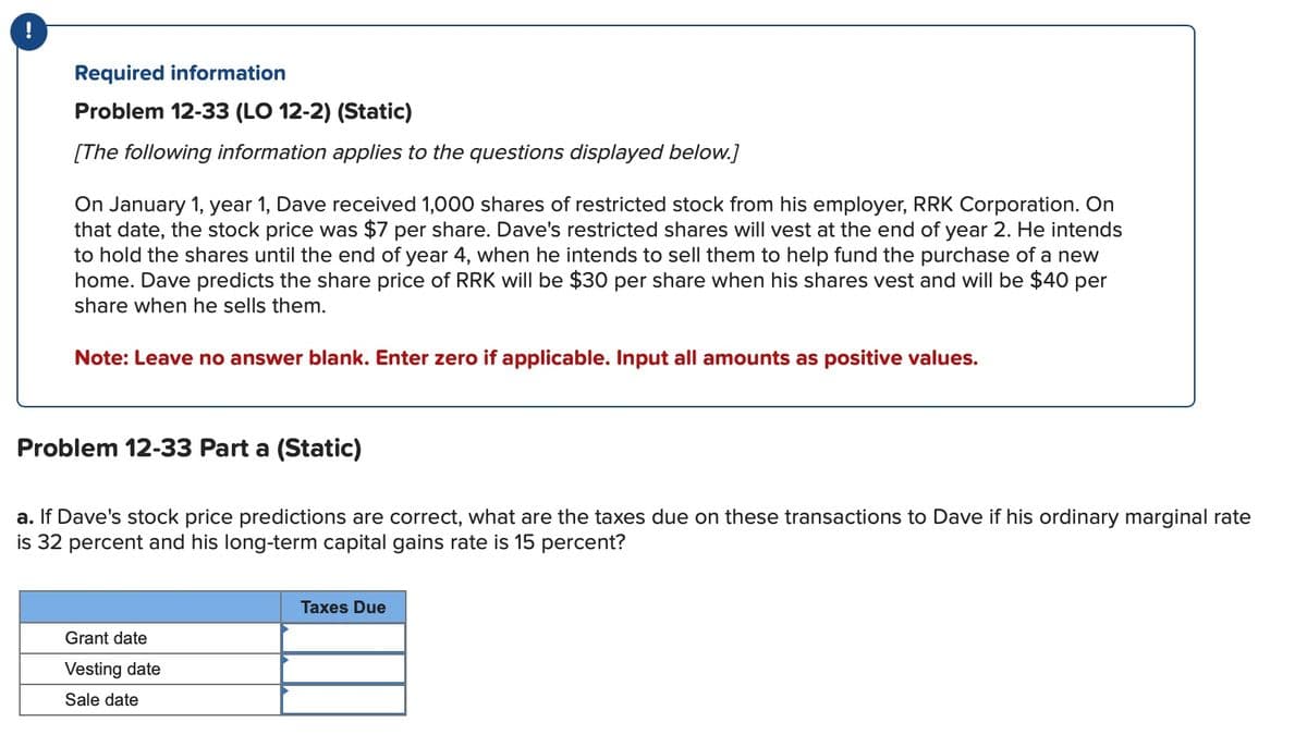 Required information
Problem 12-33 (LO 12-2) (Static)
[The following information applies to the questions displayed below.]
On January 1, year 1, Dave received 1,000 shares of restricted stock from his employer, RRK Corporation. On
that date, the stock price was $7 per share. Dave's restricted shares will vest at the end of year 2. He intends
to hold the shares until the end of year 4, when he intends to sell them to help fund the purchase of a new
home. Dave predicts the share price of RRK will be $30 per share when his shares vest and will be $40 per
share when he sells them.
Note: Leave no answer blank. Enter zero if applicable. Input all amounts as positive values.
Problem 12-33 Part a (Static)
a. If Dave's stock price predictions are correct, what are the taxes due on these transactions to Dave if his ordinary marginal rate
is 32 percent and his long-term capital gains rate is 15 percent?
Grant date
Vesting date
Sale date
Taxes Due