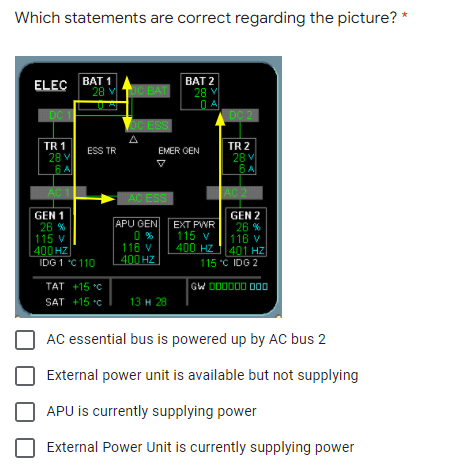 Which statements are correct regarding the picture? *
ELEC BAT 1
28 v
BAT 2
C BAT
28 V
DC 1
DC 2
OC ESS
A
TR 1
28 V
TR 2
28 V
6 A
ESS TR
EMER GEN
AC
AC ESS
AC 2
GEN 2
26 %
116 V
400 HZ 401 HZ
115 "C IDG 2
GEN 1
APU GEN
EXT PWR
26 %
115 v
400 HZ
IDG 1 C 110
0 %
116 V
400 HZ
115 v
TAT +15 *C
GW DD0000 DO0
SAT +15 *C
13 H 28
AC essential bus is powered up by AC bus 2
External power unit is available but not supplying
APU is currently supplying power
External Power Unit is currently supplying power
