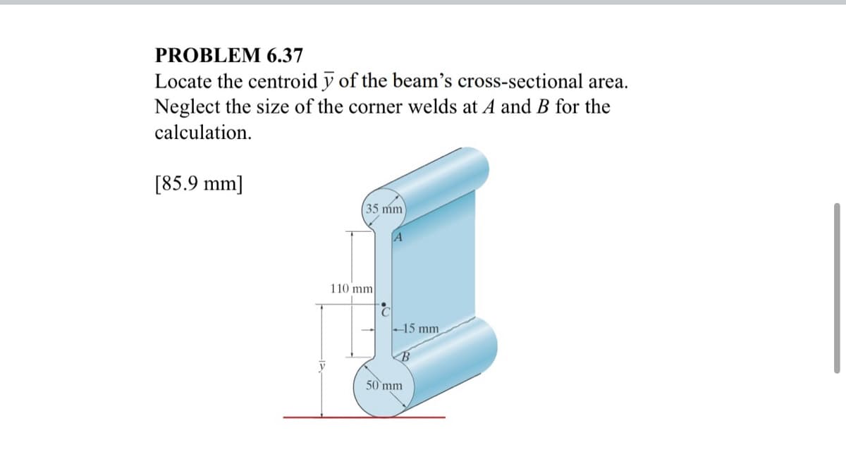 PROBLEM 6.37
Locate the centroid y of the beam's cross-sectional area.
Neglect the size of the corner welds at A and B for the
calculation.
[85.9 mm]
35 mm
110 mm
-15 mm
50 mm
