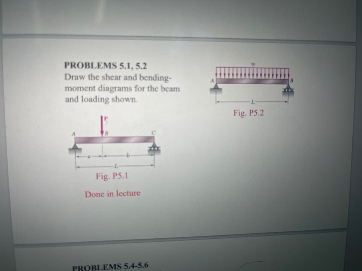 PROBLEMS 5.1, 5.2
Draw the shear and bending-
moment diagrams for the beam
and loading shown.
L.
Fig. P5.2
B
Fig. P5.1
Done in lecture
PROBLEMS 5.4-5.6
