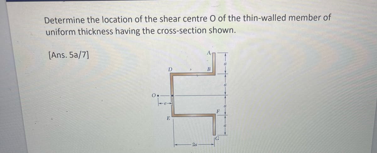 Determine the location of the shear centre O of the thin-walled member of
uniform thickness having the cross-section shown.
[Ans. 5a/7]
O.
D
ket
E
2a
A
B
F
G
a