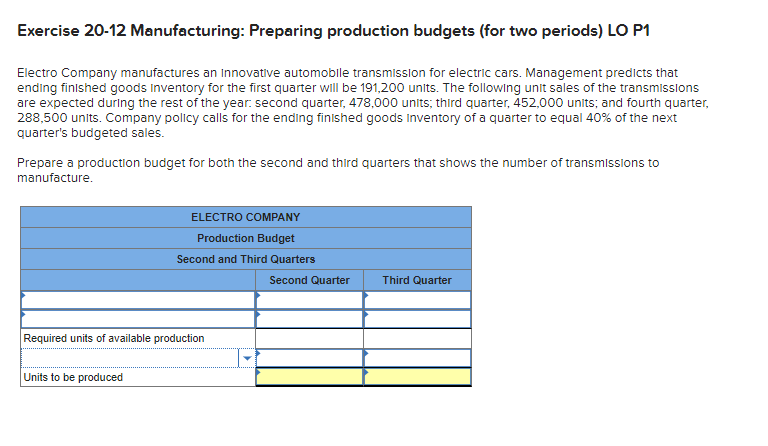 Exercise 20-12 Manufacturing: Preparing production budgets (for two periods) LO P1
Electro Company manufactures an Innovative automobile transmission for electric cars. Management predicts that
ending finished goods Inventory for the first quarter will be 191,200 units. The following unit sales of the transmisslons
are expected during the rest of the year. second quarter, 478,000 units; third quarter, 452,000 units; and fourth quarter,
288,500 units. Company policy calls for the ending finished goods Inventory of a quarter to equal 40% of the next
quarter's budgeted sales.
Prepare a production budget for both the second and third quarters that shows the number of transmissions to
manufacture.
ELECTRO COMPANY
Production Budget
Second and Third Quarters
Second Quarter
Third Quarter
Required units of available production
Units to be produced
