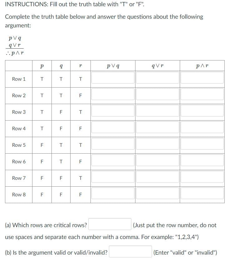 INSTRUCTIONS: Fill out the truth table with "T" or "F".
Complete the truth table below and answer the questions about the following
argument:
pVq
qVr
..pAr
pVq
qVr
pAr
Row 1
Row 2
F
Row 3
F
Row 4
F
F
Row 5
F
T
Row 6
F
F
Row 7
F
F
Row 8
F
F
F
(a) Which rows are critical rows?
(Just put the row number, do not
use spaces and separate each number with a comma. For example: "1,2,3,4")
(b) Is the argument valid or valid/invalid?
(Enter "valid" or "invalid")
